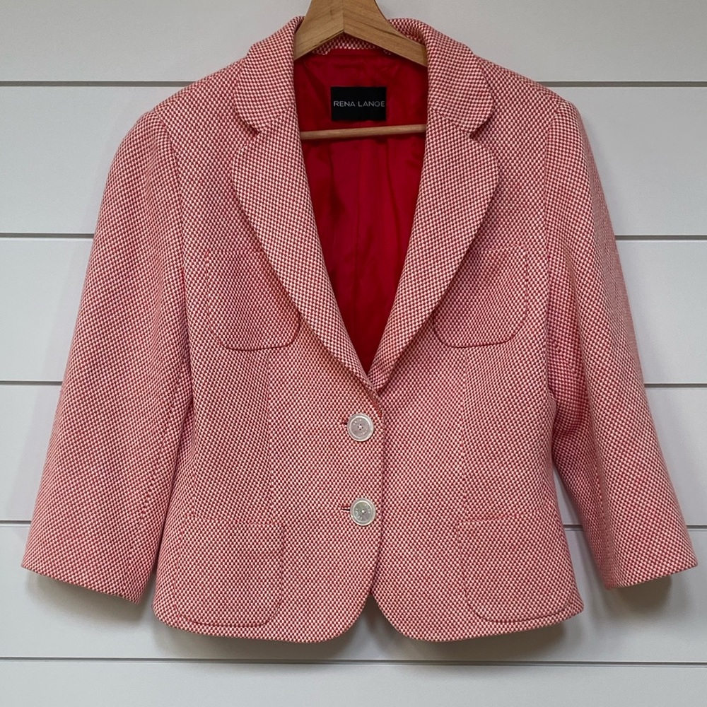 Rena Lange Cherry Ivory Tweed Button Front Blazer Jacket Size 12